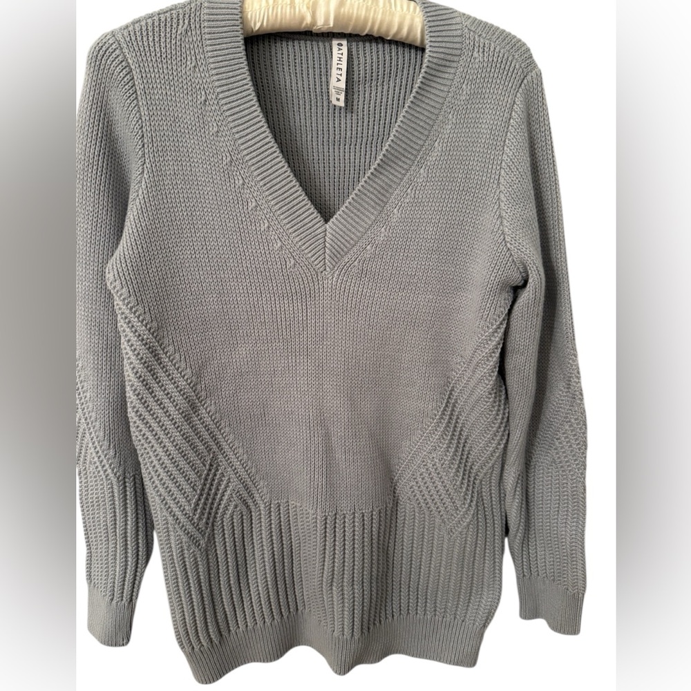 Athleta Sweater Textured V-Neck Knit Sweater | Gray | Size M